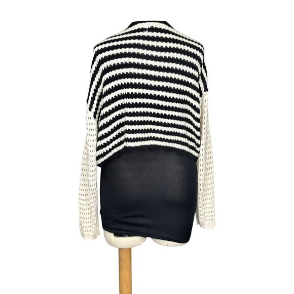 Miou Muse Womens Black & White Open-Knit Cropped Cardigan Sweater Size S - Picture 4 of 6